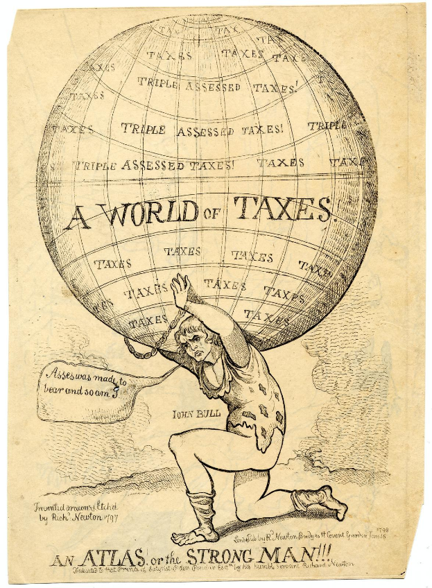 Eine Person in einem langärmligen Hemd und Hosen hält eine Kugel mit der Aufschrift "Eine Welt der Steuern: Ein Atlas des Starken Mannes" mit entschlossener Miene.