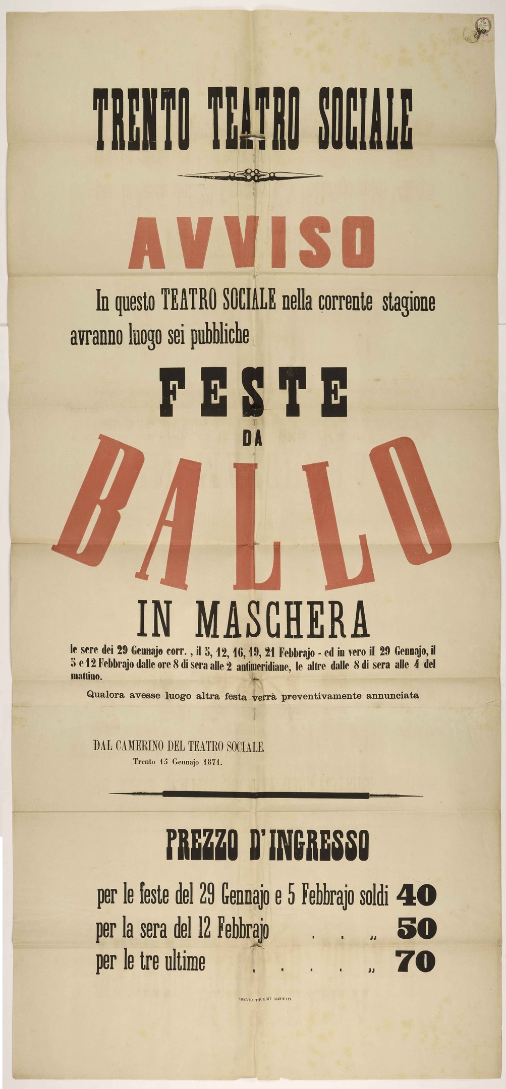 Old poster advertising a festival in Maschera, Italy, with text describing the event.