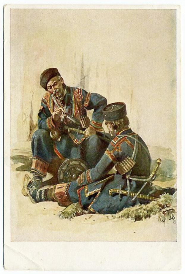 Zwei Männer in Militäruniformen sitzen auf dem Boden, einer spielt ein Musikinstrument, während der andere ein Objekt hält, mit 'Kasachstan' Text unten.