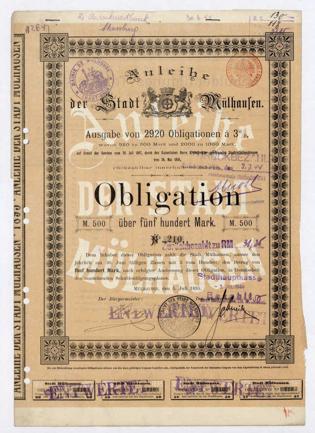 Altes deutsches Wertpapier mit weißem Hintergrund, das Text und Stempel enthält, die darauf hinweisen, dass es eine Verpflichtung ist.