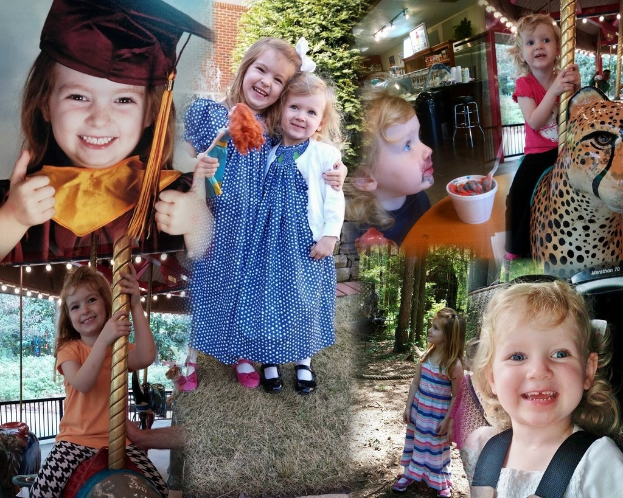 Ein Collage mit Vergnügungspark-Fahrgeschäften, einem Tisch mit Lebensmitteln, Besteck und verschiedenen Gegenständen vor einer Kulisse aus Grünpflanzen, Lichtern und einer Wand.