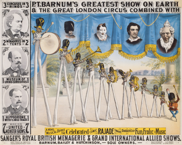 Plakat für den Großen Londoner Zirkus, das Künstler mit Musikinstrumenten zeigt, vor einem Hintergrund von Bäumen und Himmel, mit Text.
