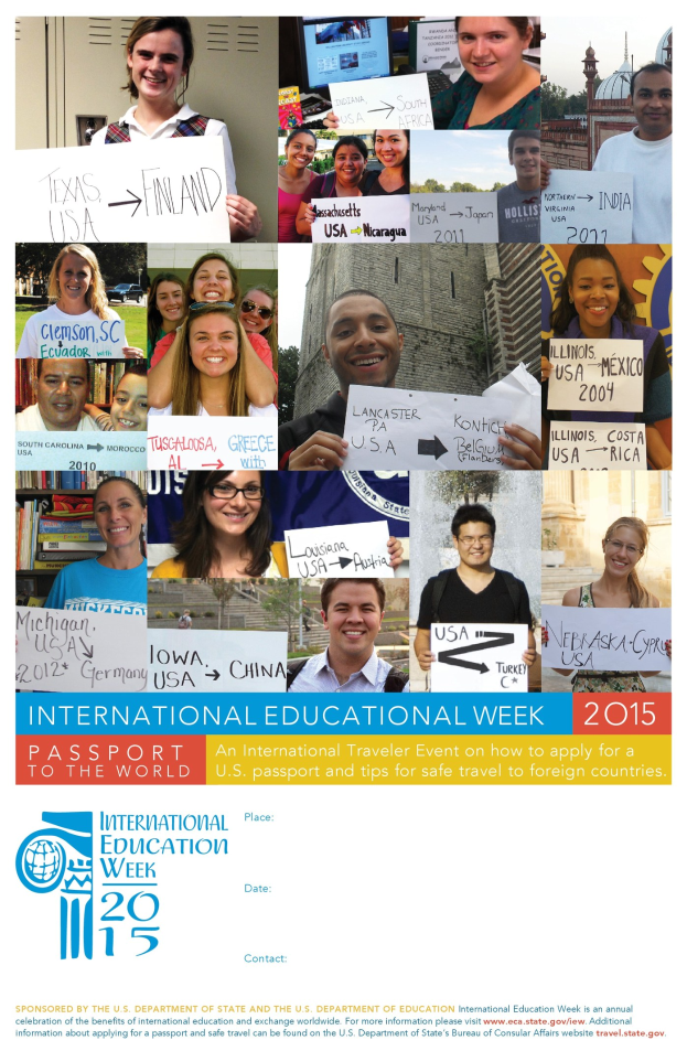 Internationaler Bildungswoche 2015 Plakat mit einem bunten Menschenkreis, der strahlt und Schilder hält, mit Event-Text.