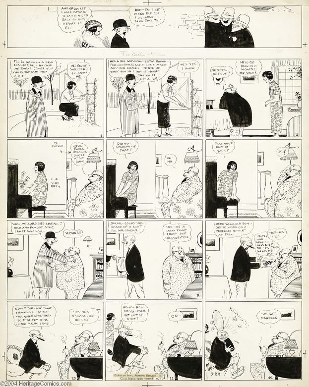 Eine Comicseite mit einem Mann in einem schwarzen Anzug und einer Frau in einem gemusterten Kleid mit einem Schal, die vor einem hellblauen Hintergrund sprechen, mit dem Text "Der Mann, der lacht"