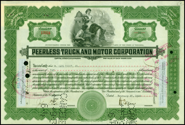 Aktienzertifikat der Peerless Truck & Motor Corporation auf schwarzem Hintergrund mit einem Bild von zwei Personen und Text.