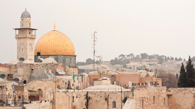 Mehrere Ziegelgebäude mit Satellitenschüsseln und Klimaanlagen, mit Bäumen und Himmel im Hintergrund.