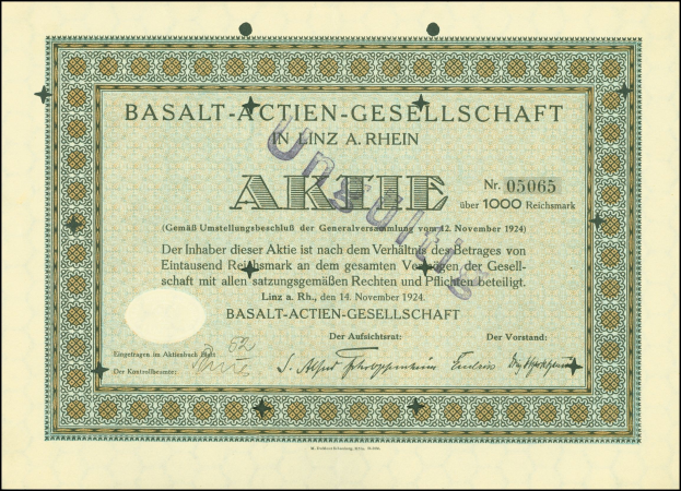 Rahmengestellter alter Aktienanteilbrief der Basalt-Actien-Gesellschaft in Linz, Deutschland, mit sichtbarem Text.