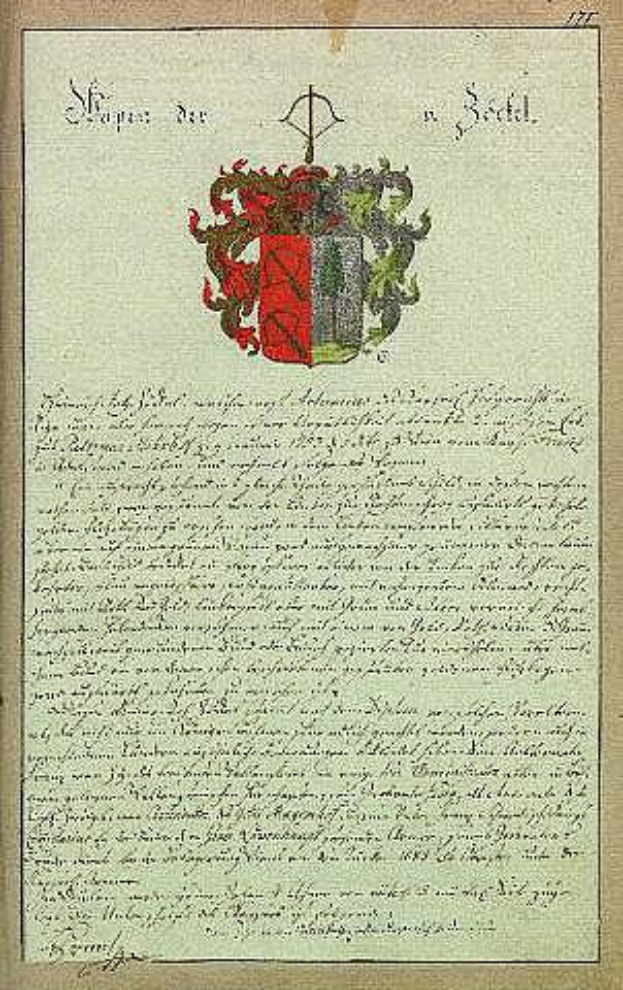 Ein Dokument aus dem 16. Jahrhundert mit einem Wappen und Text, unterzeichnet von einer deutschen Familie, das ihre Geschichte und Kultur repräsentiert.
