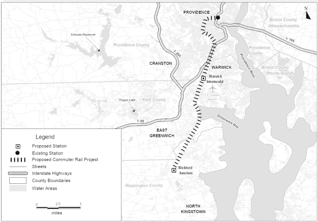 Schwarze und weiße Stadtkarte mit einem Fluss, beschriftet mit "Vorgeschlagenes Stadtbahnprojekt" auf der linken Seite, die Straßen, Autobahnen und Stadtmerkmale zeigt.