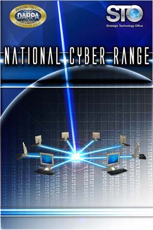 Plakat mit "National Cyber Range" in fetter, wei├čer Schrift auf einem blauen Hintergrund, das eine Weltkugel mit mehreren angeschlossenen Computern zeigt.