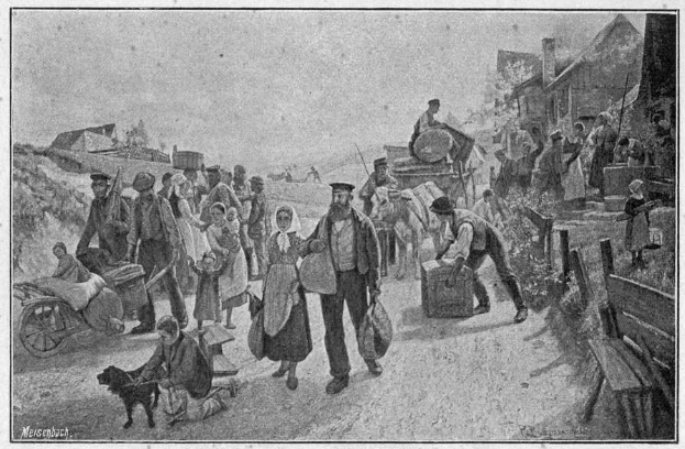 Eine Gruppe von Menschen, einige mit Taschen und einer auf einem Pferdewagen, gehen eine Schotterstraße entlang mit einem Hund, Häusern im Hintergrund und Text unten, der "Deutsche Flüchtlinge in Deutschland" liest.