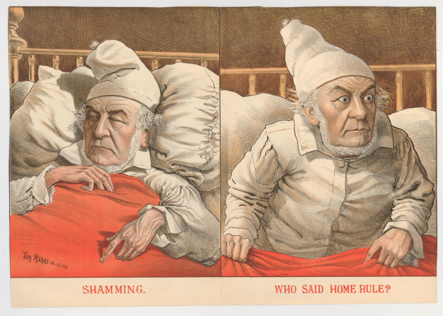 Ein älterer Mann liegt im Bett, zugedeckt mit einer roten Decke, umgeben von Kissen und einer Bettdecke, mit Text unten: 'Wer sagte Heimregel?'