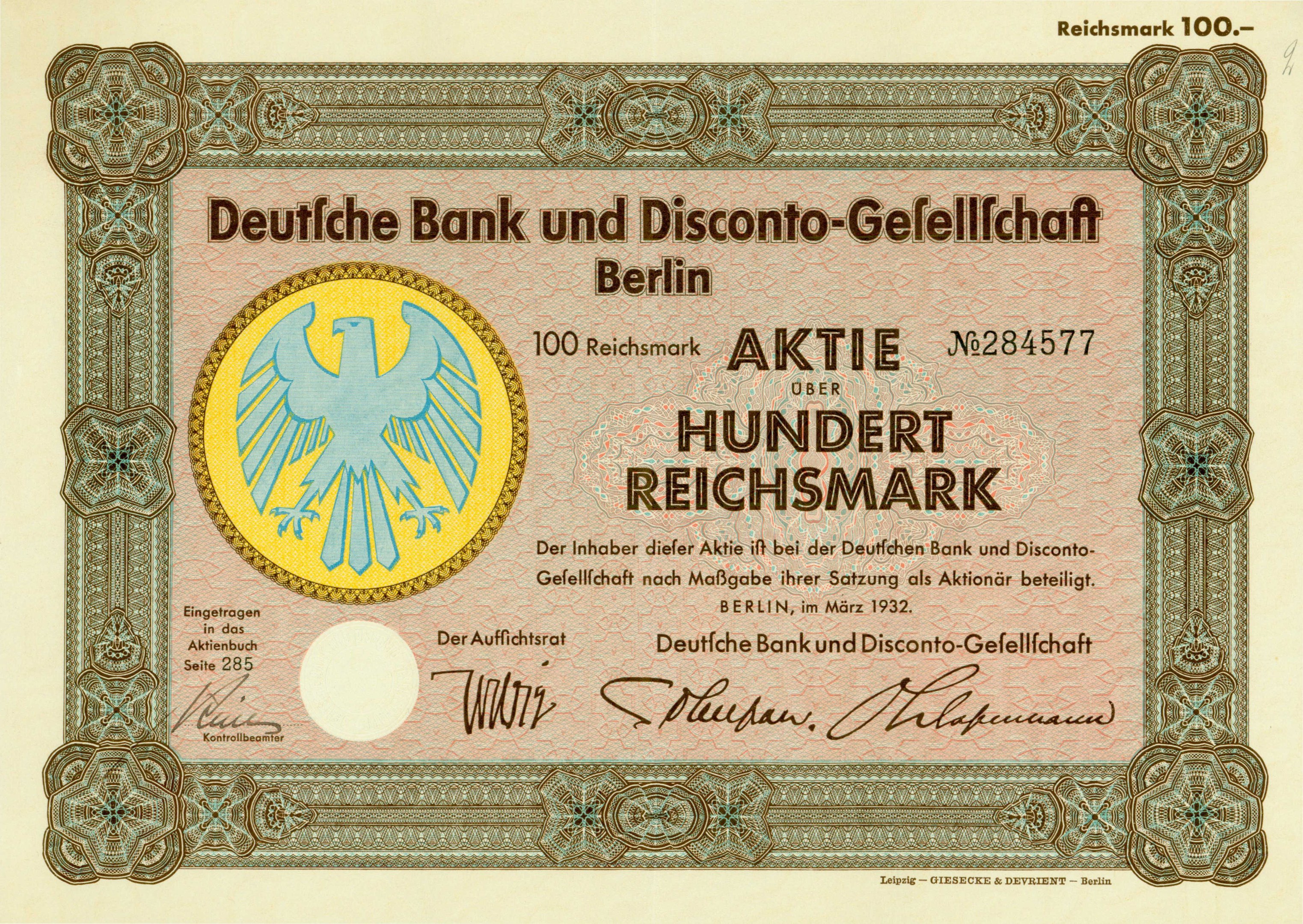 Alte deutsche Banknote mit einem Vogeldesign und der Aufschrift "Deutsche Bank und Disconto-Gesellschaft Berlin"