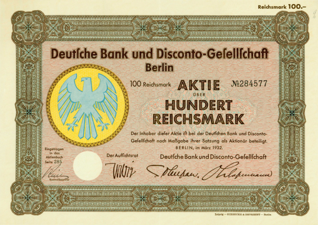 Alte deutsche Banknote mit einem Vogeldesign und der Aufschrift "Deutsche Bank und Disconto-Gesellschaft Berlin"