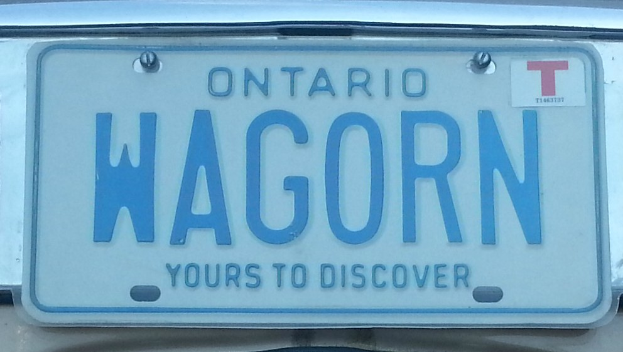 Ein Auto mit einem rechteckigen Kennzeichen, auf dem in fetter schwarzer Schrift 'Wagorn' steht.