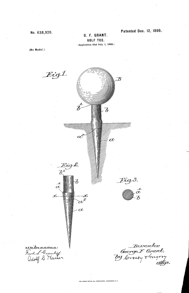 Patentzeichnung eines Golftees mit einem daran befestigten Ball, auf einem Blatt Papier dargestellt.