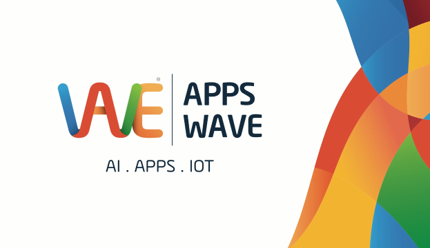 Buntes Design mit den Wörtern "KI, Apps, IoT" auf einem weißen Hintergrund.