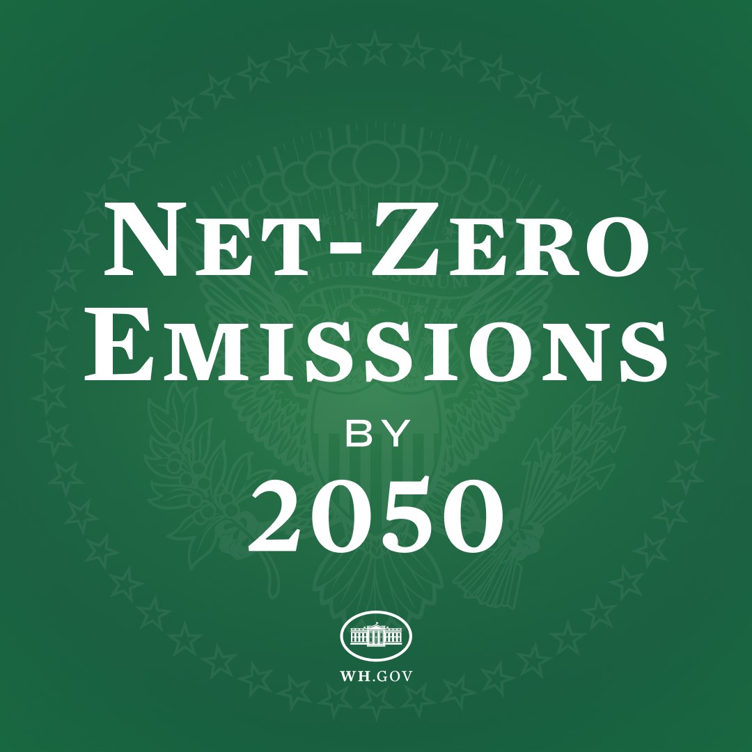 Ein grüner Hintergrund mit der fettgedruckten weißen Schrift "net-zero emissions by 2050"