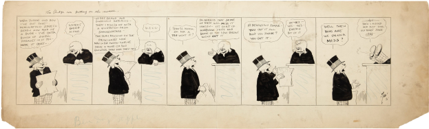 Cartoon eines Mannes in einem Zylinder und einer Frau in einem Kleid, die in eine Diskussion vertieft sind, wobei der Mann ein Blatt Papier hält.