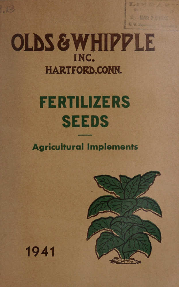 Alter Buchumschlag aus dem Jahr 1941 mit einer grünen Pflanzenillustration und Text über Düngemittel, Samen und landwirtschaftliche Geräte.