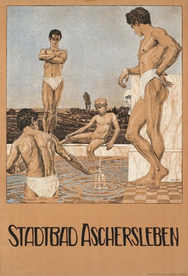 Ein Plakat für ein Schwimmbad in Aschersleben, Deutschland, das Menschen im Wasser zeigt, darunter einen sitzenden, und Text, der Informationen zum Pool enthält.