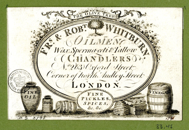 Alte Weinwerbung mit Text, Krügen, Fässern und Zahlen auf grünem Hintergrund.