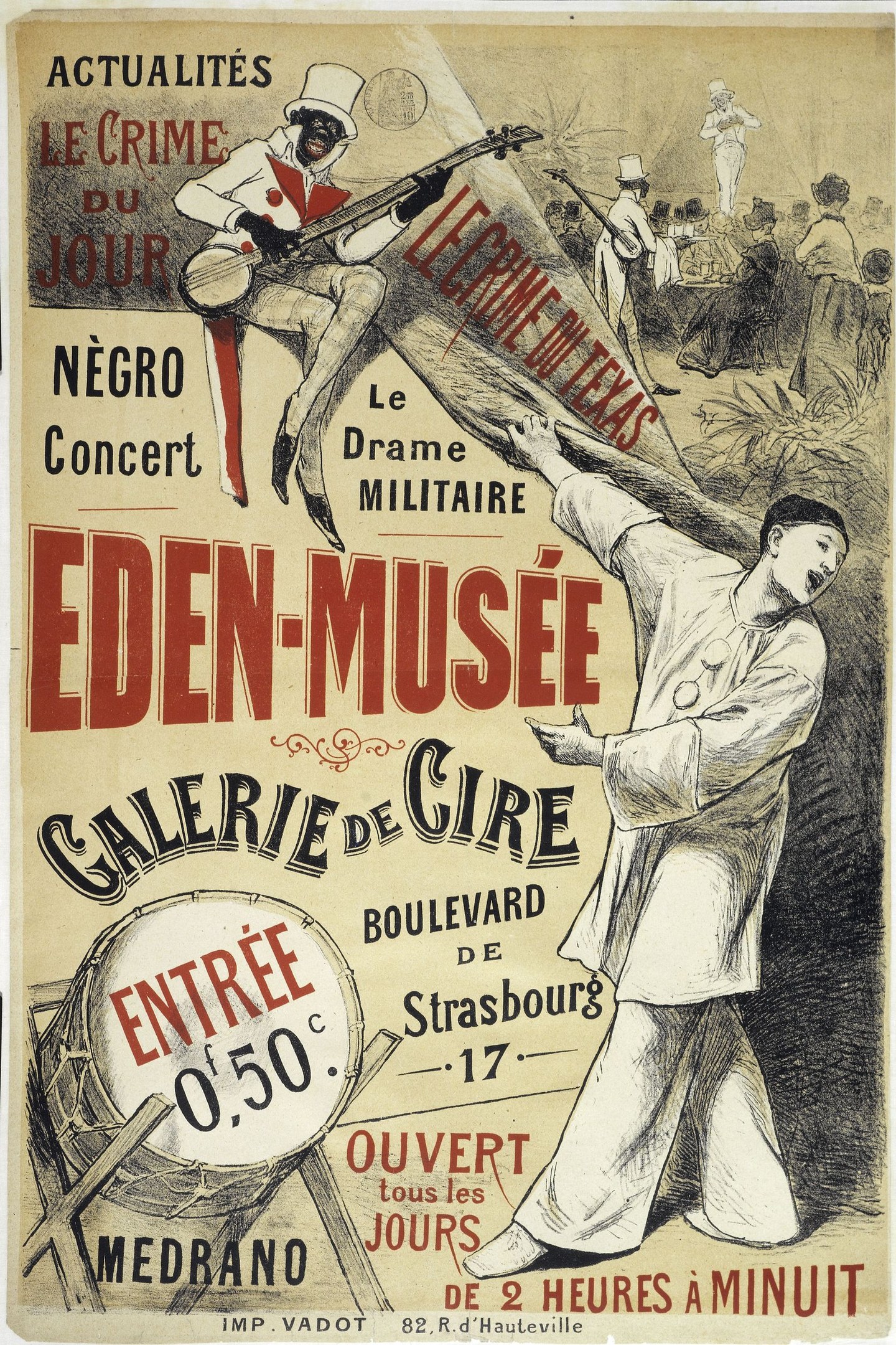 Plakat für das Eden-Musee Galerie de Cire in Straßburg, Frankreich, das einen Musiker zeigt, der ein Instrument spielt und von anderen Musikern umgeben ist, mit Text, der eventuelle Details bereitstellt.