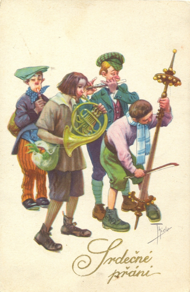 Eine alte Postkarte mit einer Gruppe von Kindern in bunten Kleidern, die Musikinstrumente wie Geige, Cello und Trommel spielen, mit Text auf der Postkarte.