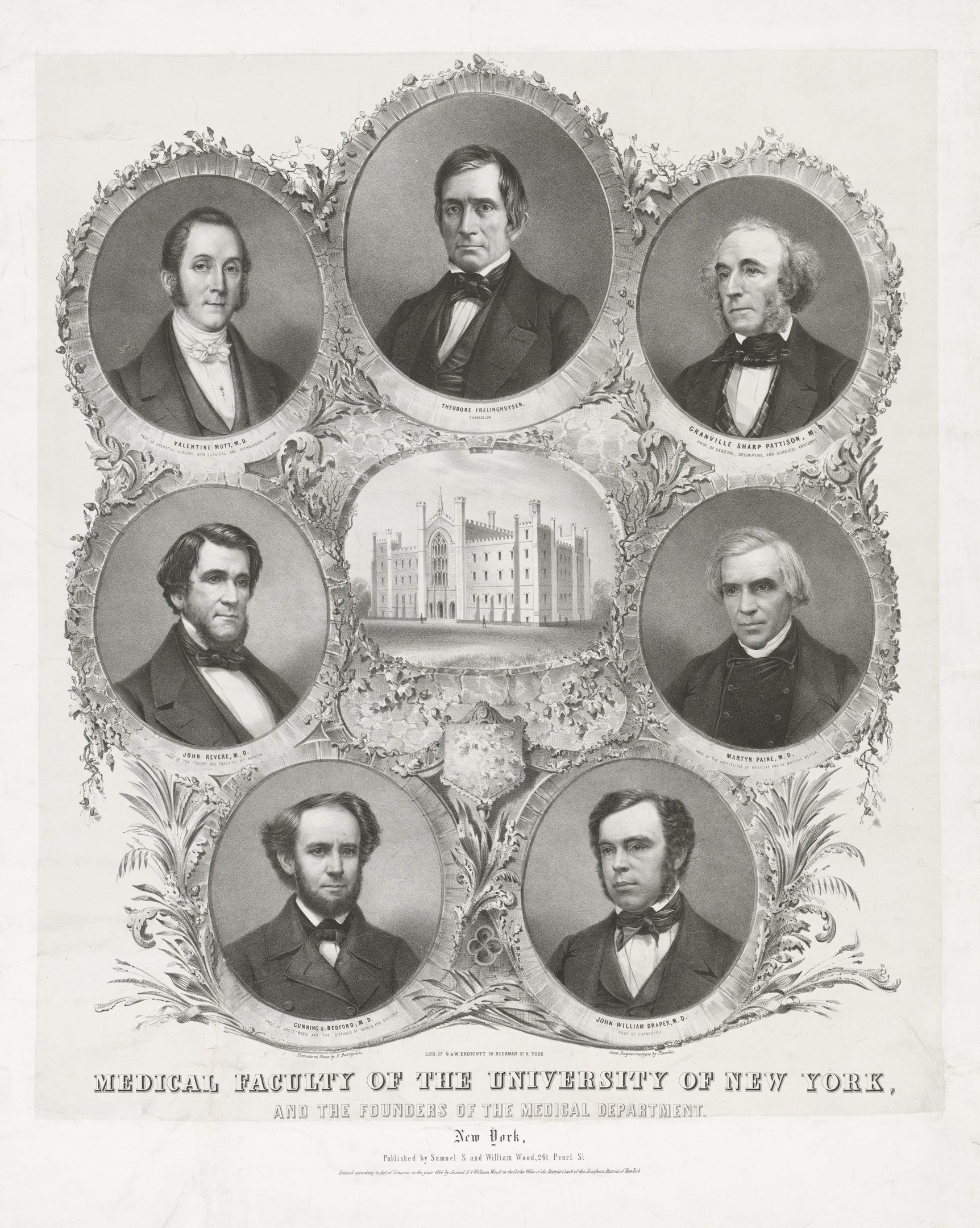 Schwarzes und weißes Foto von formell gekleideten Männern, die vor einem Gebäude posieren, mit Text unten: "Medizinische Fakultät der Universität New York und die Gründer des Medizinischen Departments."