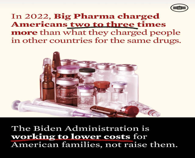 Plakat, das zeigt, dass Big Pharma 2022 Amerikanern zwei bis drei Mal so viel für dieselben Medikamente berechnet hat wie in anderen Ländern, mit Bildern von Medikamentenflaschen und einer Spritze.