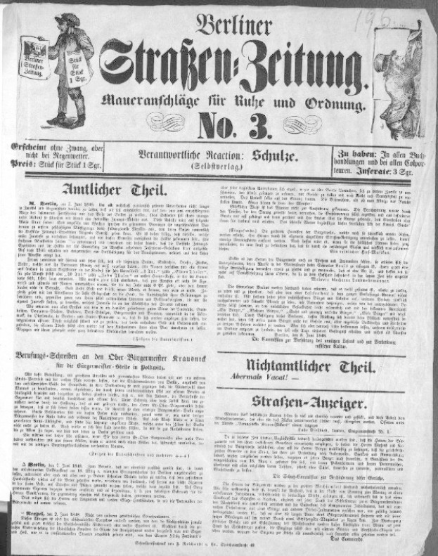 Ein Schwarz-Weiß-Bild eines Mannes in Anzug und Krawatte mit ernster Miene, der vor einer bewundernden Menge steht, war in der deutschen Zeitung Berliner Straßen-Beitung Nr. 3 zu sehen, mit fetter Schrift und einem dekorativen Rahmen.