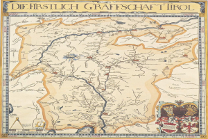 Ein detailliertes historisches Poster der ersten Grafschaft Tirol-Karte, das geographische Merkmale wie Flüsse, Berge und Städte zeigt, begleitet von erklärendem Text.