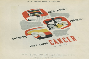 Ein Plakat mit einem Mann in einem weißen Laborkittel und Stethoskop, der entschlossen aussieht, vor einem hellrosa Hintergrund mit fetter weißer Schrift, die 'Operationen haben noch nie Krebs geheilt.'