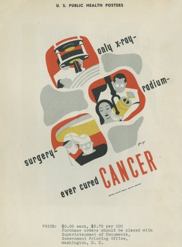 Ein Plakat mit einem Mann in einem weißen Laborkittel und Stethoskop, der entschlossen aussieht, vor einem hellrosa Hintergrund mit fetter weißer Schrift, die 'Operationen haben noch nie Krebs geheilt.'