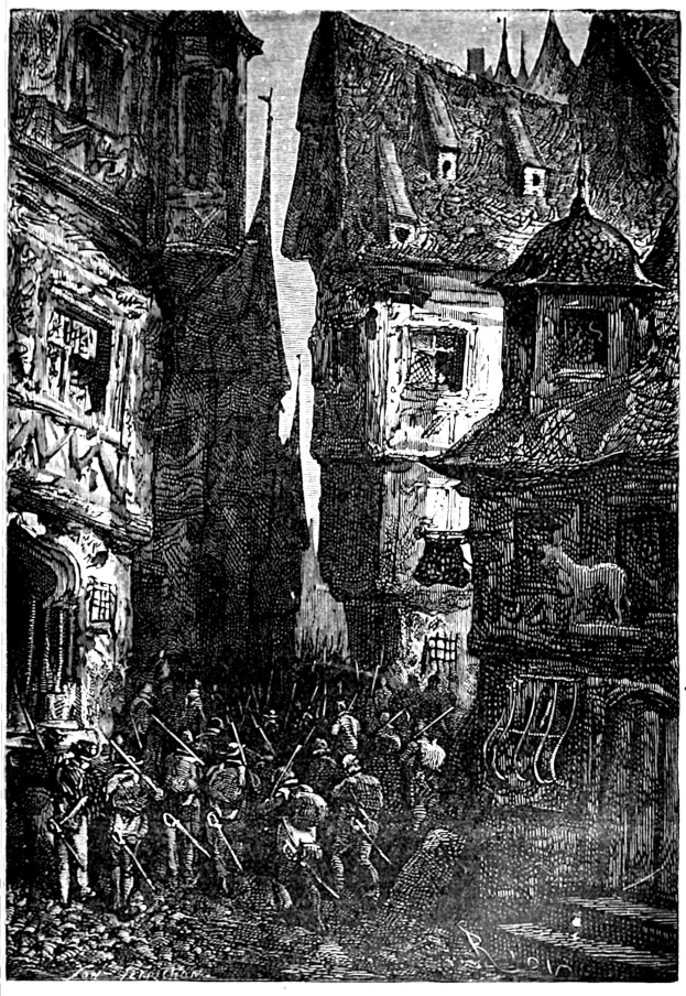 Eine schwarz-weiße Zeichnung einer Straßenszene mit Menschen im Vordergrund, Gebäuden im Hintergrund und Text unten mit der Aufschrift "Die Schlacht von Stuttgart".