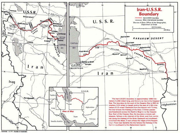 Detailierte Karte der iranisch-sowjetischen Grenze, die geografische Merkmale und Landesgrenzen zeigt, mit begleitendem Text.