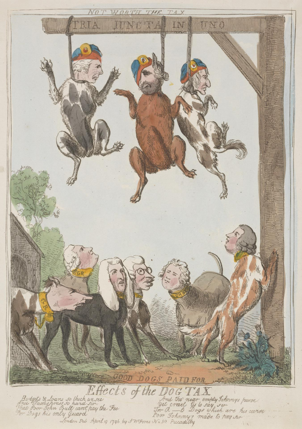 Ein Blatt mit einer Zeichnung einer Gruppe von Menschen und Tieren, darunter ein Hund, der an einem Holzpfahl hängt, sowie einige Schrift, die wahrscheinlich die Auswirkungen der Hundesteuer beschreibt.