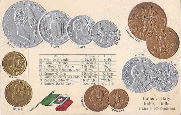 Ein Blatt Papier mit einer Reihe italienischer Münzen von 1877–1910, darunter mehrere 20-Lire-Stücke, mit Porträts und Text auf jeder Münze und zwei Flaggen unten, darunter die italienische Flagge.