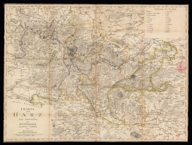 Ausführliche alte Harz-Karte auf schwarzem Hintergrund, die Städte, Dörfer und die umliegende Landschaft zeigt.
