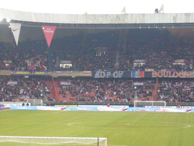 Ein Rasenboden mit Torpfosten auf beiden Seiten, viele Sitzende im Hintergrund und zahlreiche Werbetafeln in der Mitte.