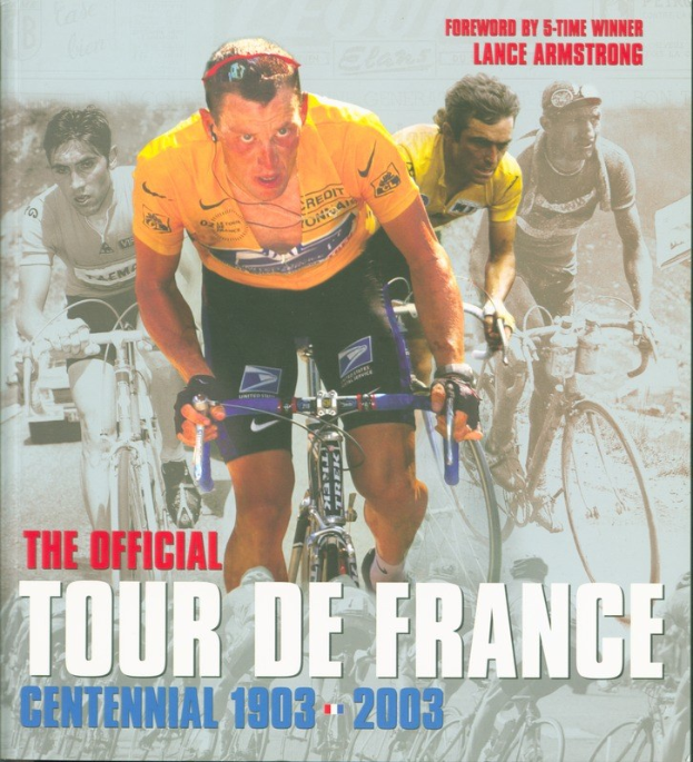 Offizielles Tour de France-Jubiläumsplakat (1903–2003) mit einer Gruppe Radfahrer und begleitendem Text.