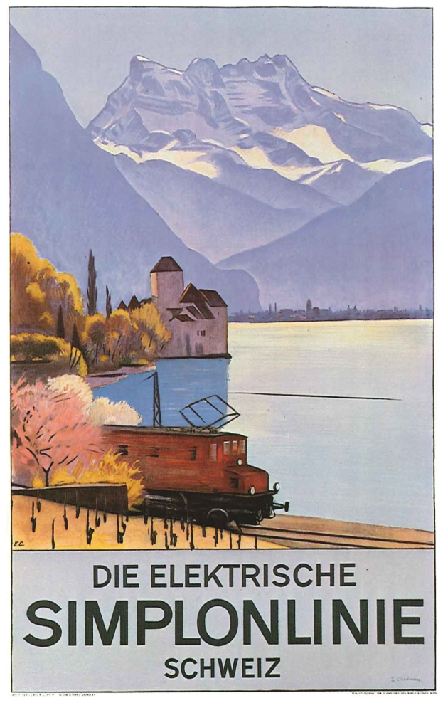 Plakat, das die Schweizerische Bundesbahn bewirbt, zeigt einen Zug auf Schienen neben einem See mit Bäumen, einem Gebäude und Bergen im Hintergrund.