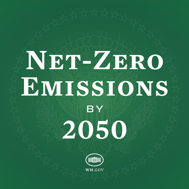 Ein grüner Hintergrund mit der fettgedruckten weißen Schrift 'Netto-Null-Emissionen bis 2050'.