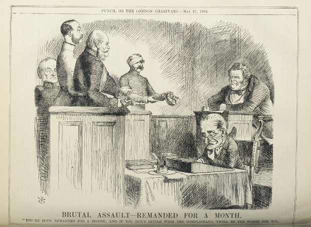 Eine Zeichnung von einer Gruppe von Menschen, die um einen Tisch sitzen, mit Büchern und Gegenständen, und Text unten, der 'brutaler Angriff - vorläufig festgenommen' liest.