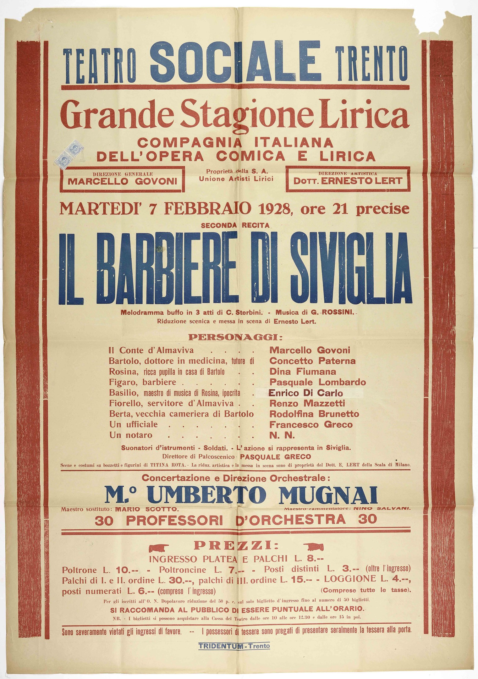 Plakatankündigung eines Konzerts im Teatro Sociale Trento in Rom, Italien, mit Text, der das Ereignis beschreibt.