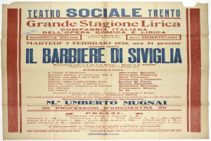 Plakatankündigung eines Konzerts im Teatro Sociale Trento in Rom, Italien, mit Text, der das Ereignis beschreibt.