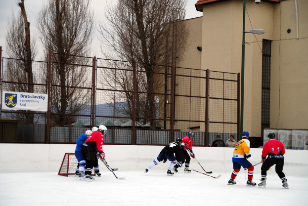 Menschen spielen Eishockey auf einem Eisring mit Gebäuden, Bäumen, einer Straßenlaterne, einem Namensschild und Zäunen im Hintergrund unter einem Himmel.