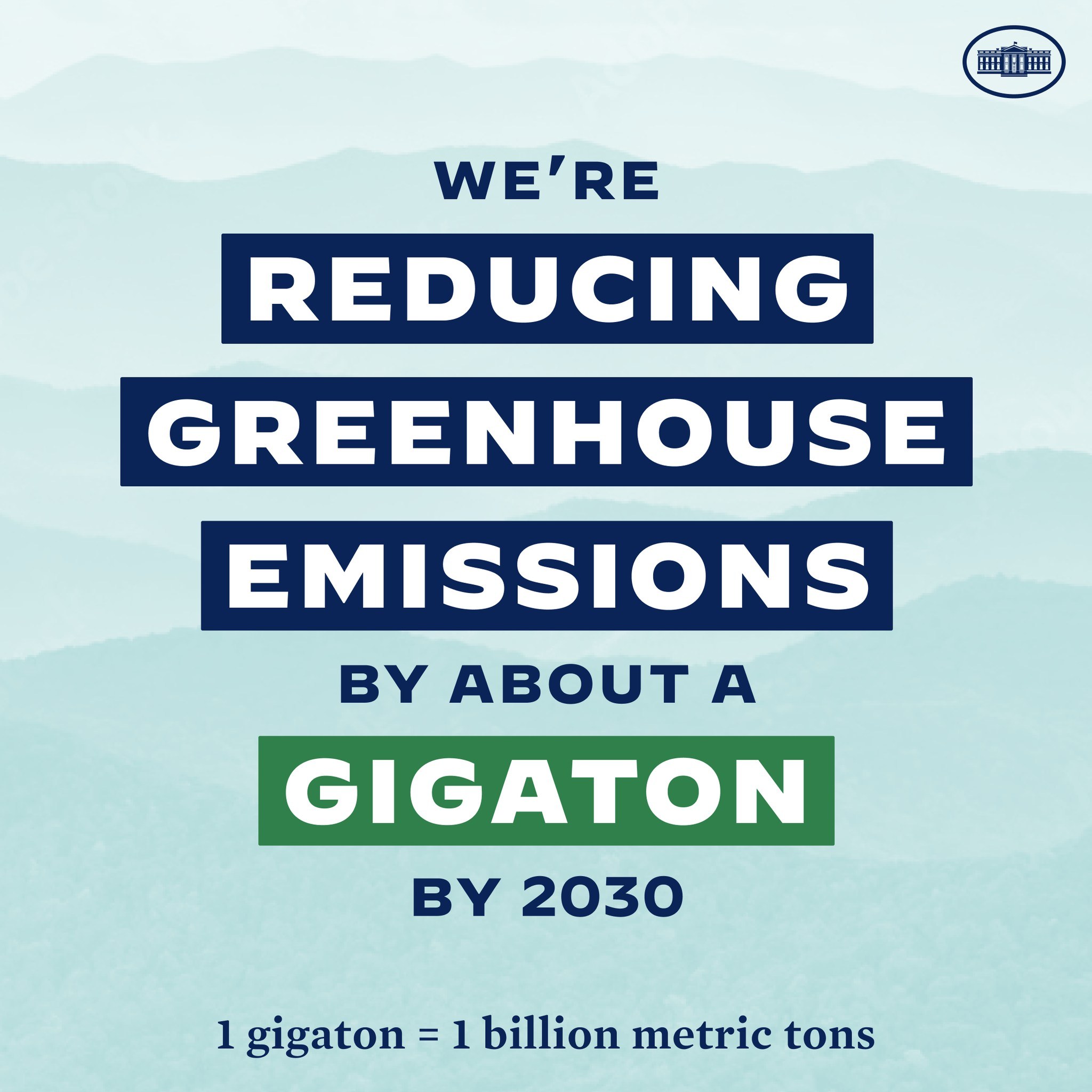 Plakat mit Text und Logo, das "Wir reduzieren die Treibhausgasemissionen bis 2030 um etwa eine Gigatonne" verkündet und für die Reduzierung von Treibhausgasen bis 2030 wirbt.