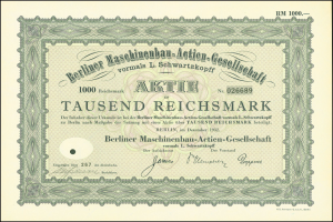 Altes deutsches Wertpapier mit schwarzem und grünem Rand, das gedruckten Text enthält, der die Ausgabe durch die Regierung angibt.