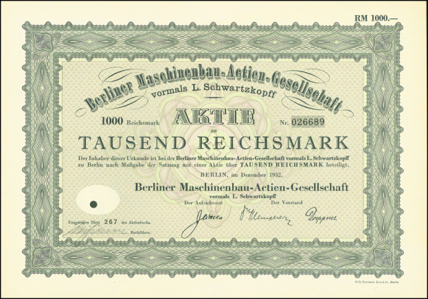 Altes deutsches Wertpapier mit schwarzem und grünem Rand, das gedruckten Text enthält, der die Ausgabe durch die Regierung angibt.